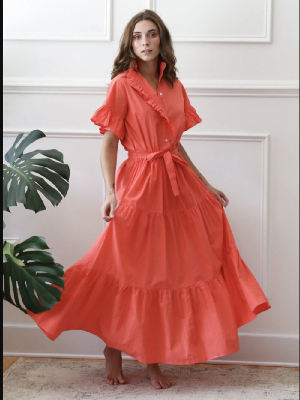 Mille Victoria Coral Ruffle-Sleeve Tiered Maxi Dress 100% Cotton